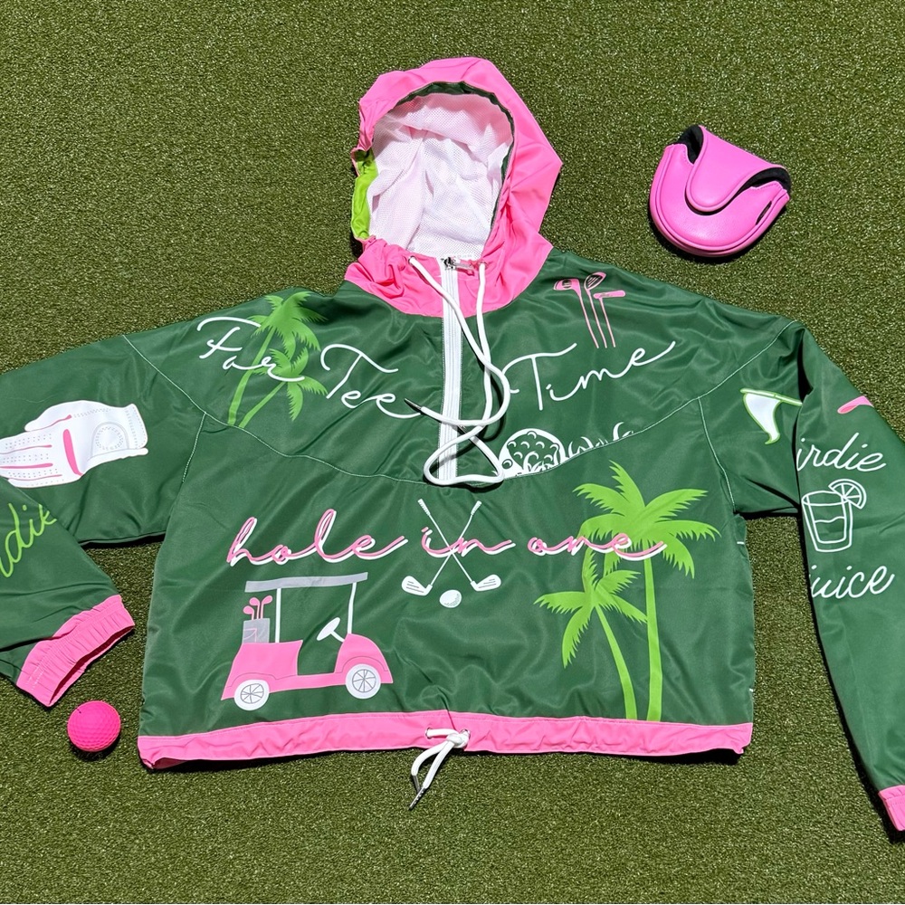 *Boutique*RedBird on The Range Exclusive! Green and Pink Golf-Themed Windbreaker
